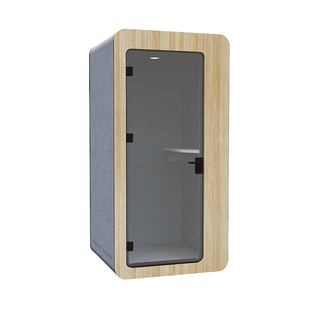 Qzone Soundproof Office Phone Booth Pod - New Oak Melamine Front with Grey Acoustic Panels