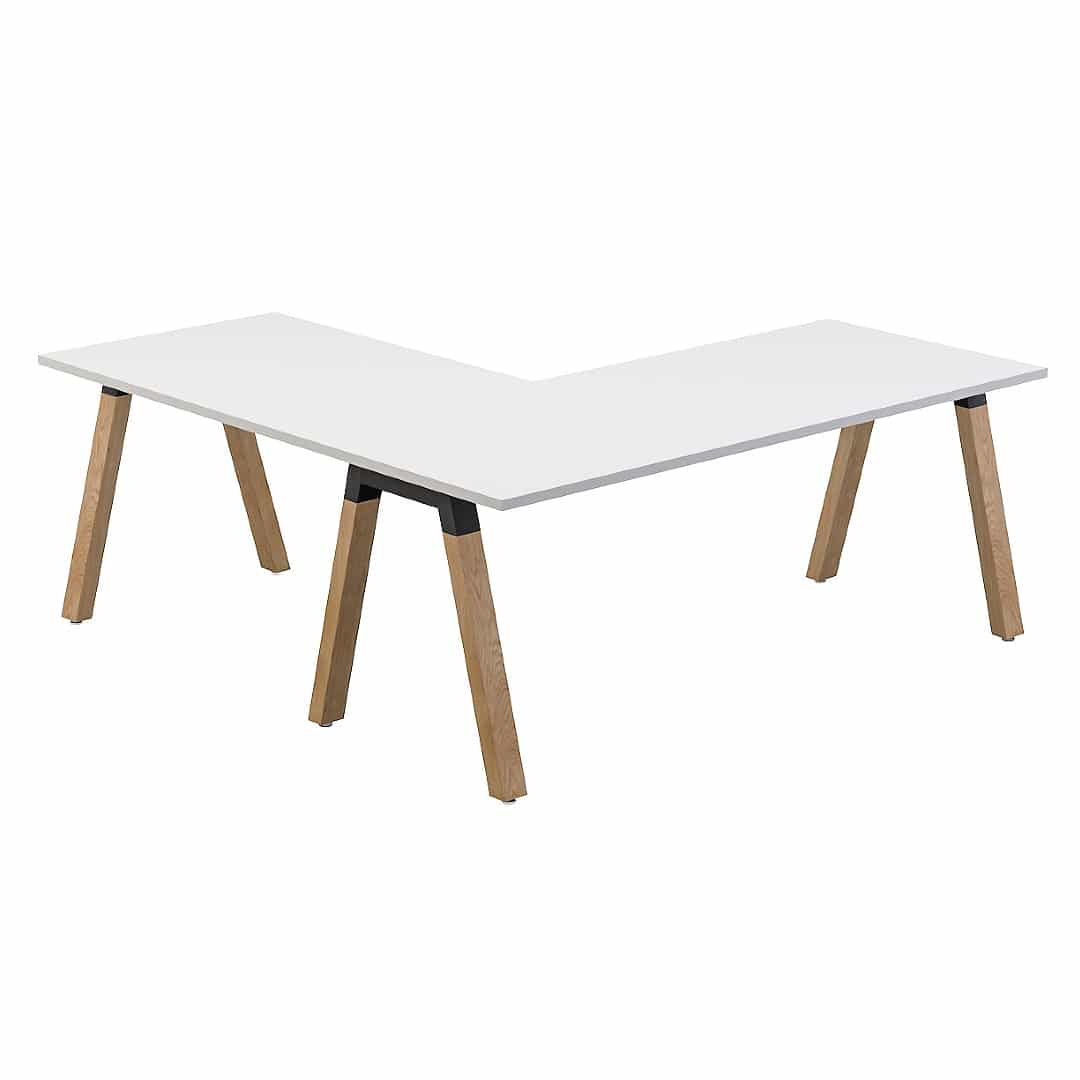 Plank Corner L-Shaped Office Desk - Oak Legs - White Worktop