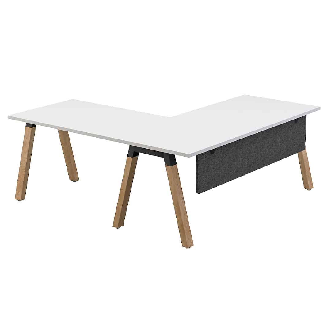 Plank Corner Office L-Shaped Office Desk - Oak Legs - White Worktop - e-panel Charcoal Modesty