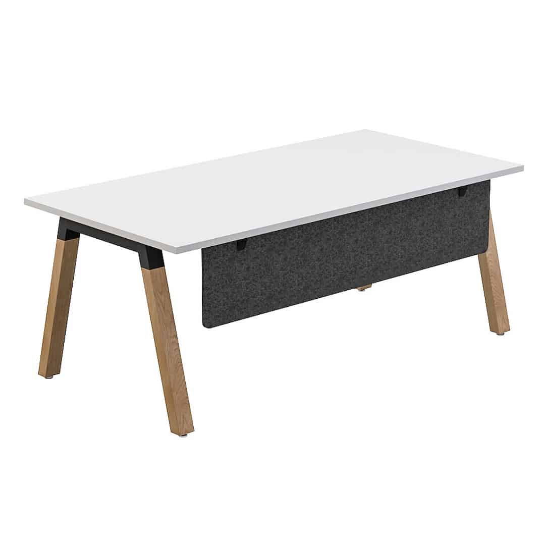 Plank Single Sided Straight Office Desk with Modesty - Oak Legs - White Worktop - Charcoal e-panel Modesty