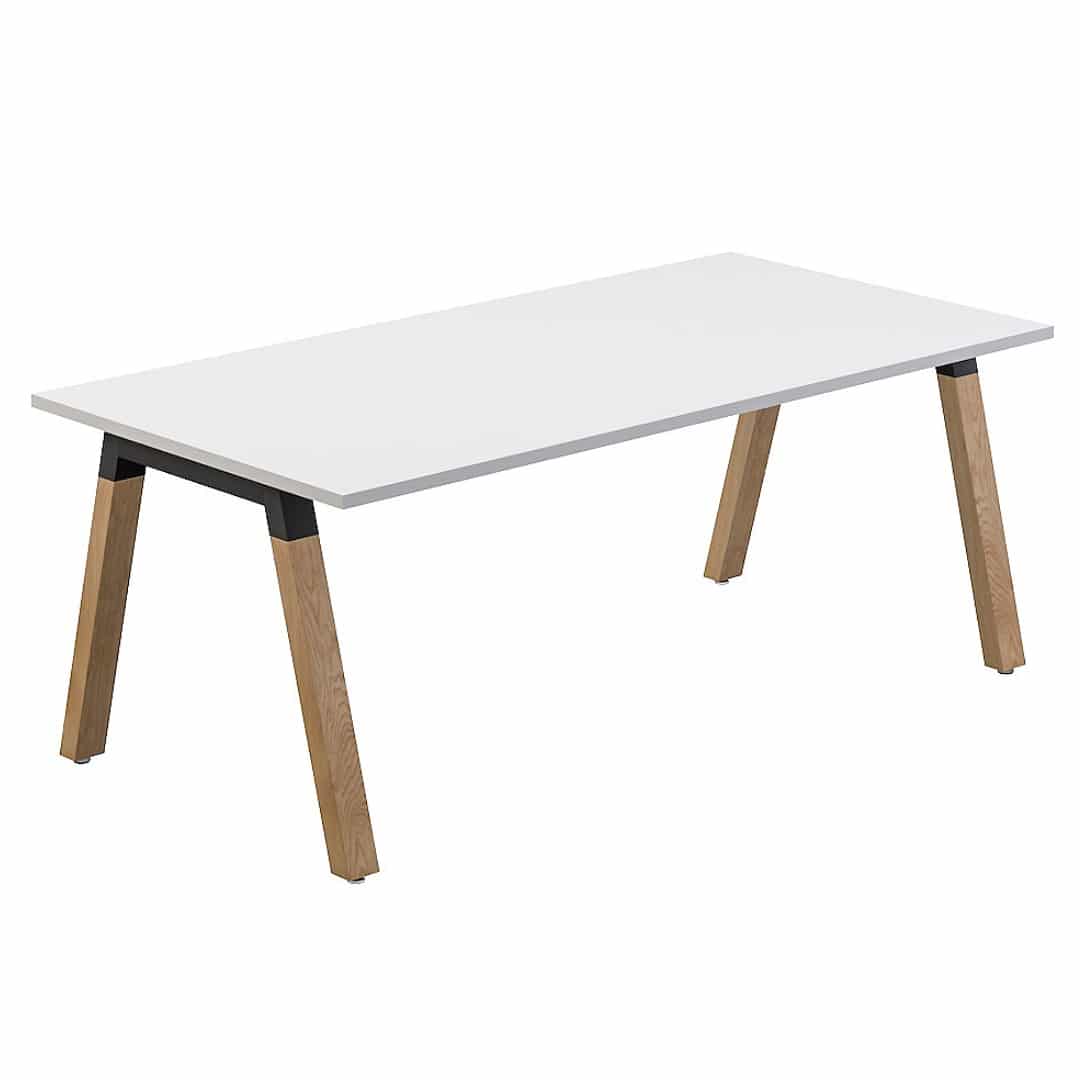 Plank Single Person Straight Office Desk - Oak Legs - White Worktop