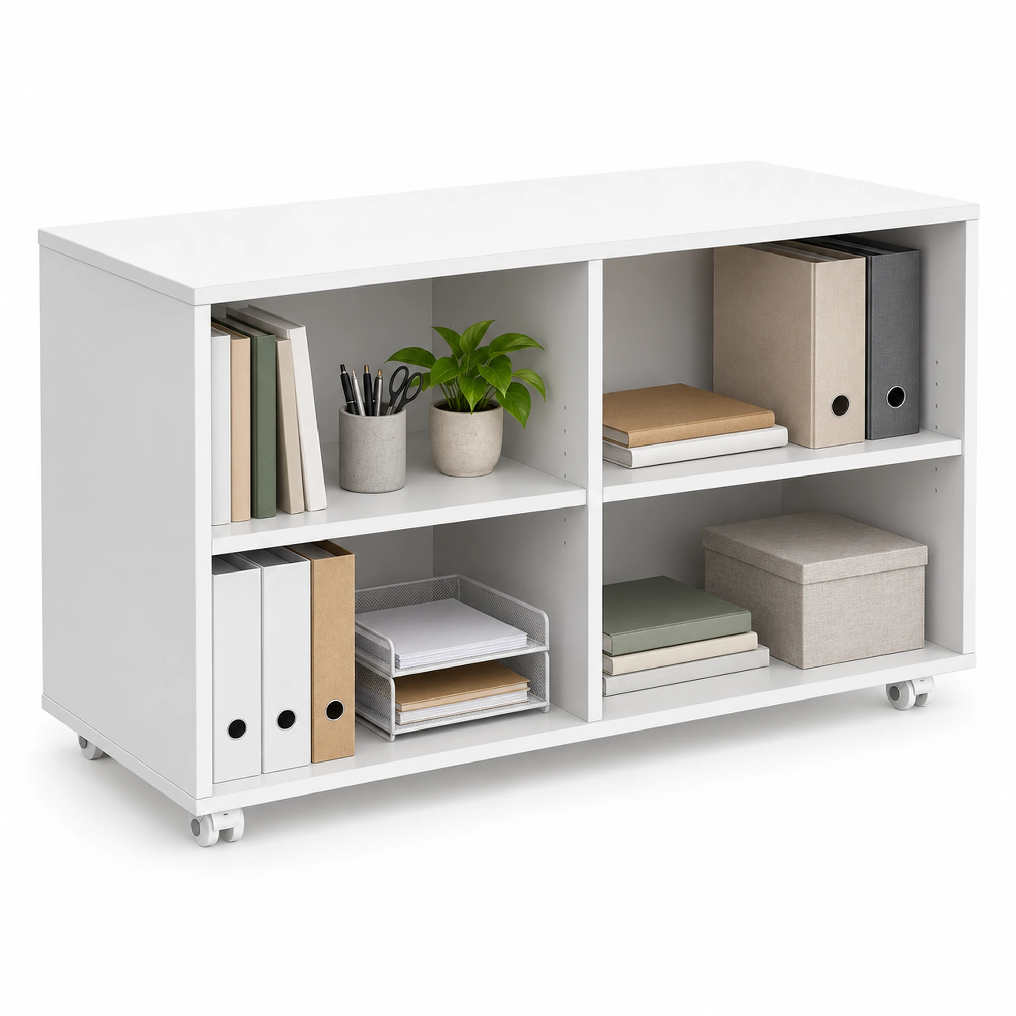 White melamine mobile caddy pedestal bookcase styled with books, office binders, folders, a document tray and desk accessories.