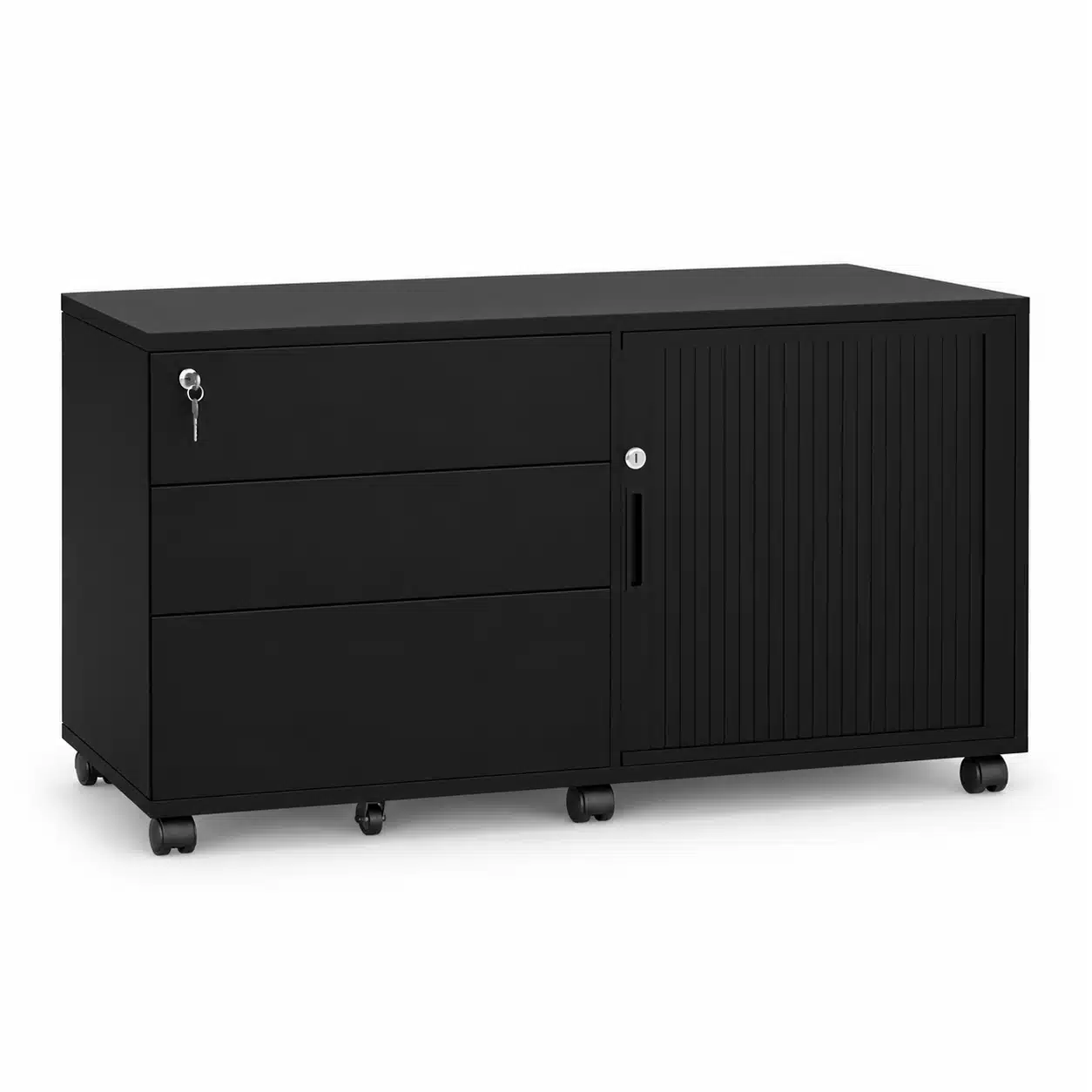 Black mobile office credenza with three drawers and a ribbed tambour sliding door on caster wheels, photographed on a white studio background.
