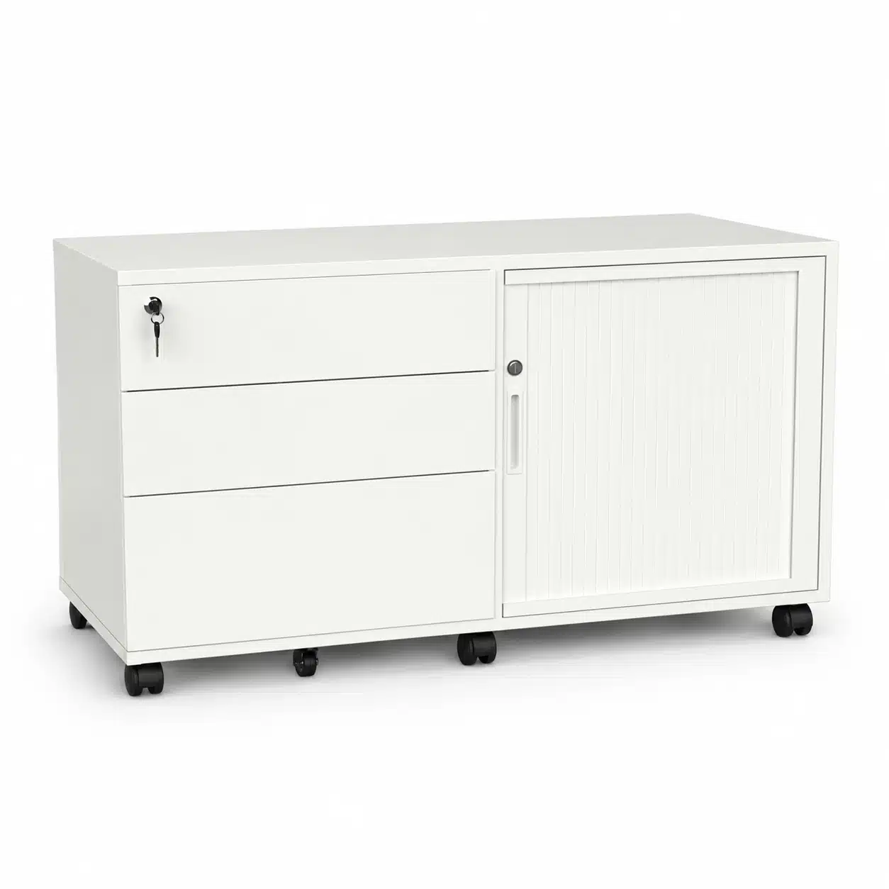 White mobile office credenza with three drawers and a ribbed tambour sliding door on caster wheels, photographed on a white studio background.