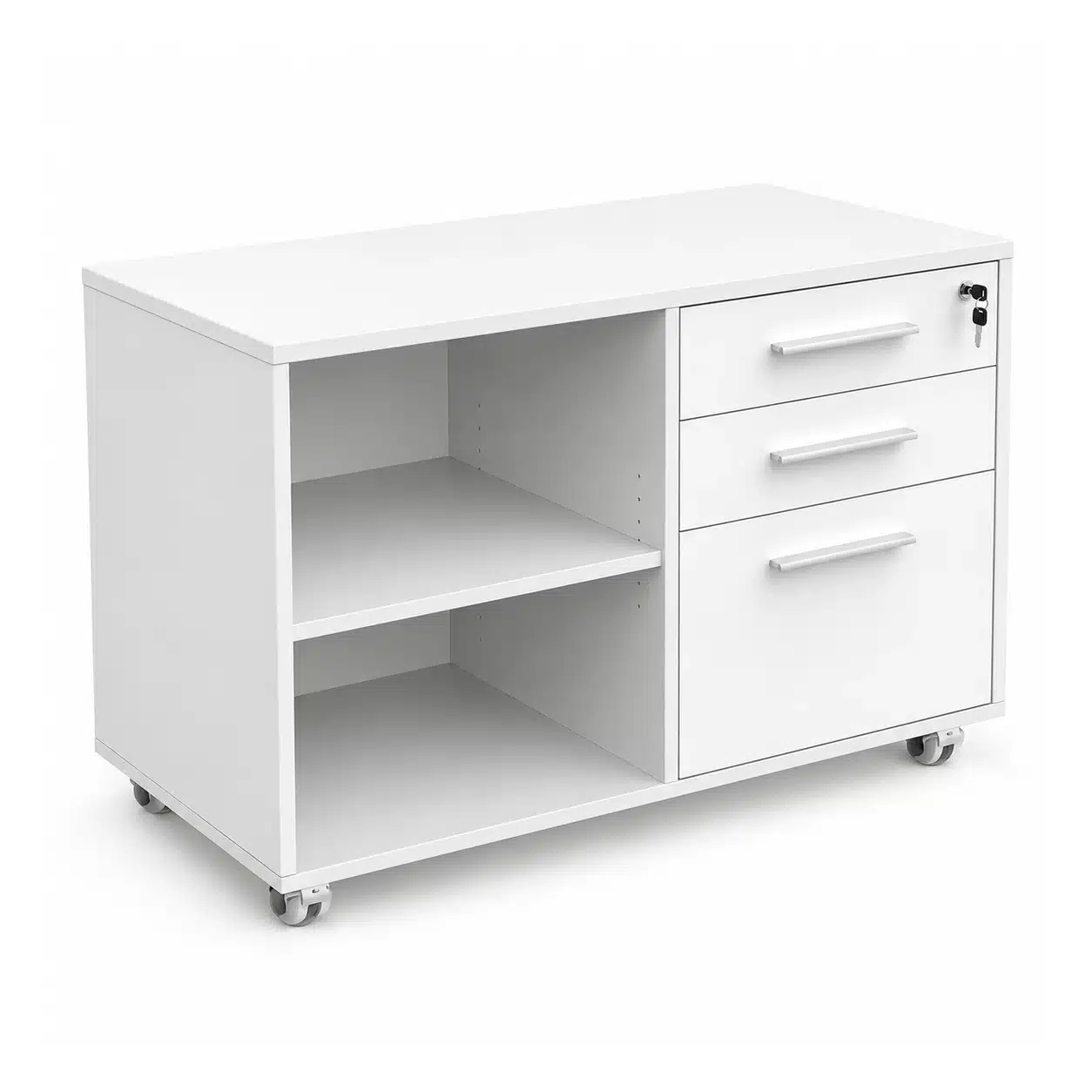 White Network Mobile Caddy Pedestal Combo Unit with two open shelves on the left and three lockable drawers on the right, shown on castors.