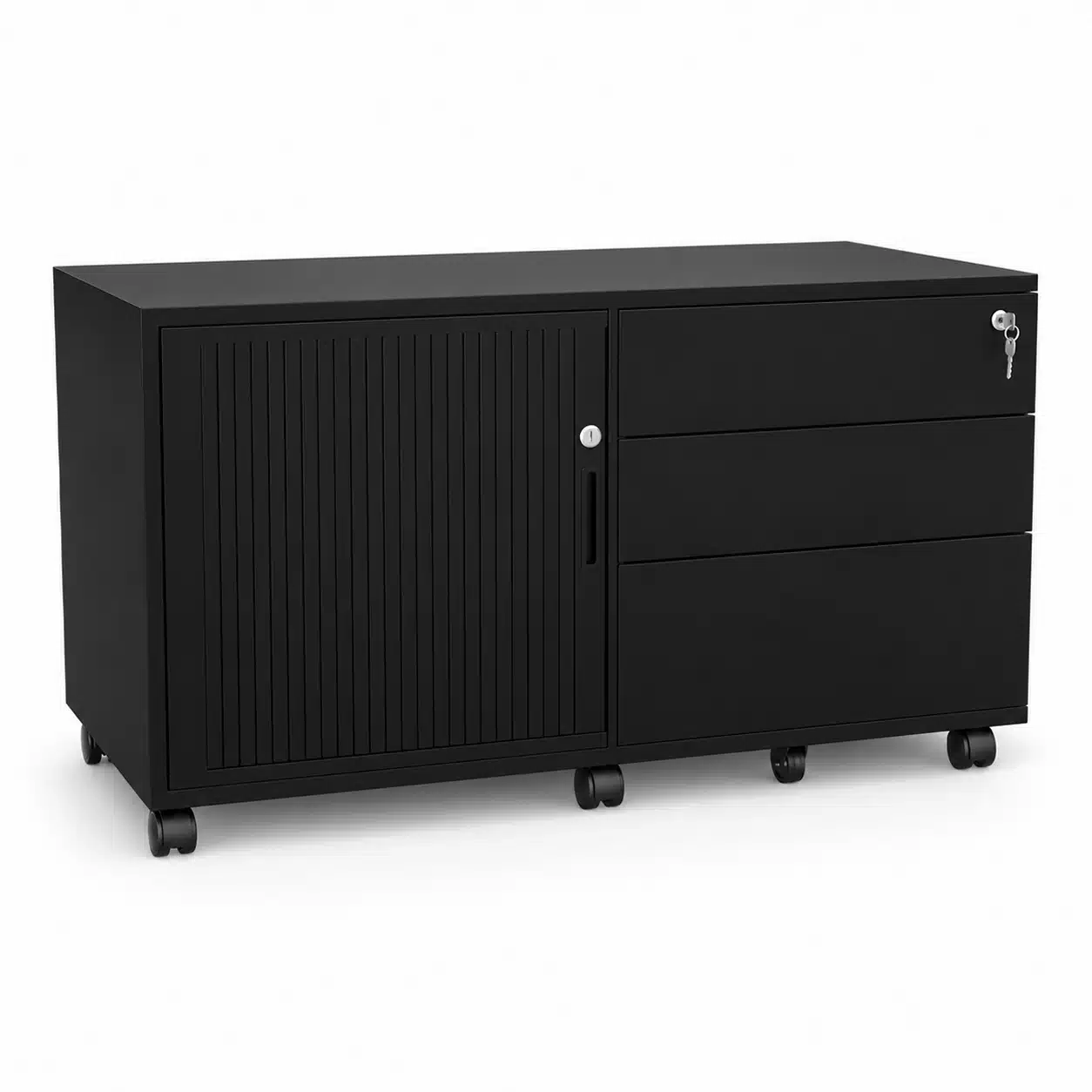 Black steel Network mobile caddy pedestal with left-hand tambour door, three drawers on the right and caster wheels, photographed on a white studio background.