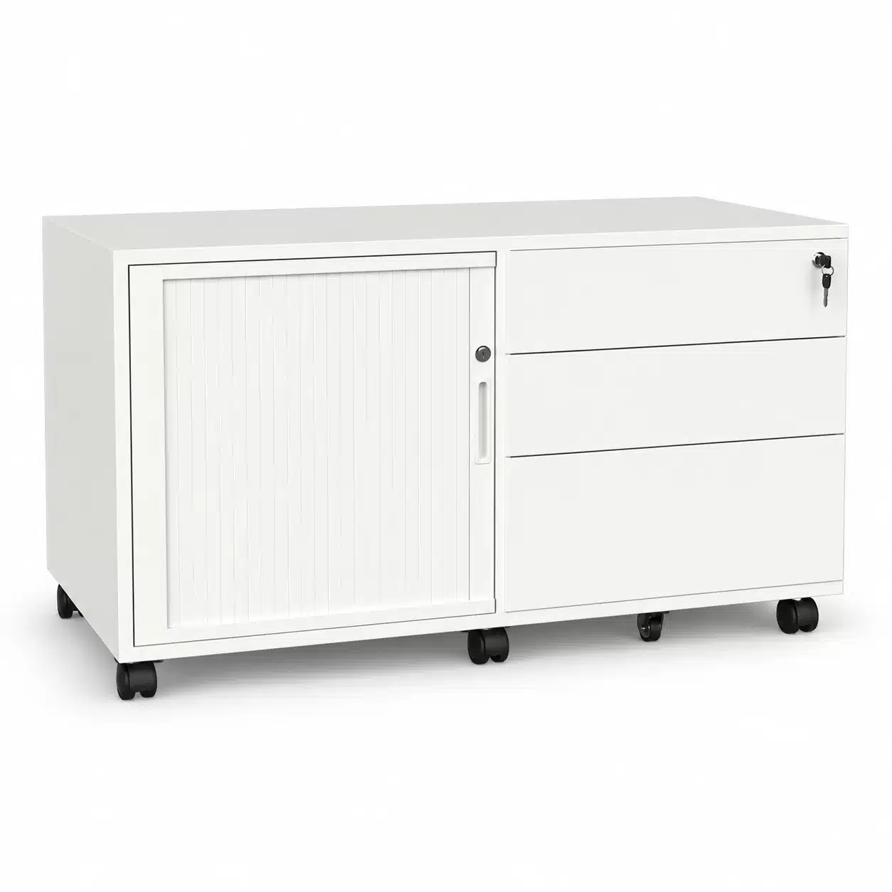 White steel Network mobile caddy pedestal with left-hand tambour door, three drawers on the right and caster wheels, photographed on a white studio background.