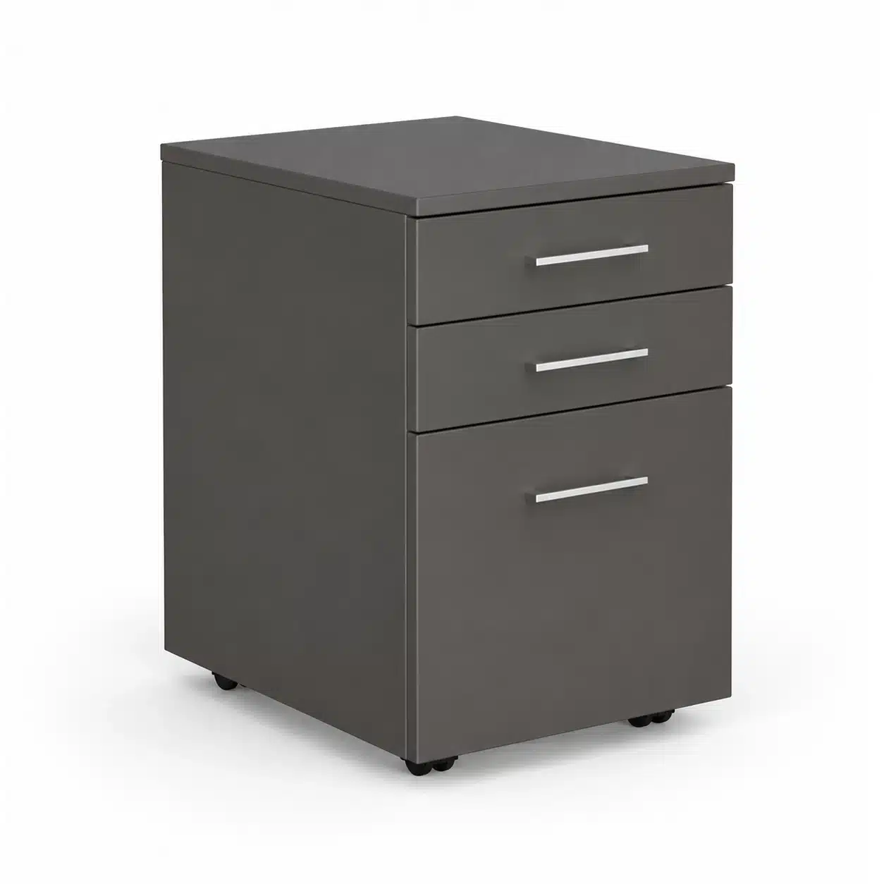 Graphite grey melamine Network mobile pedestal with two shallow drawers and one deep file drawer, silver handles and caster wheels, on a white studio background.