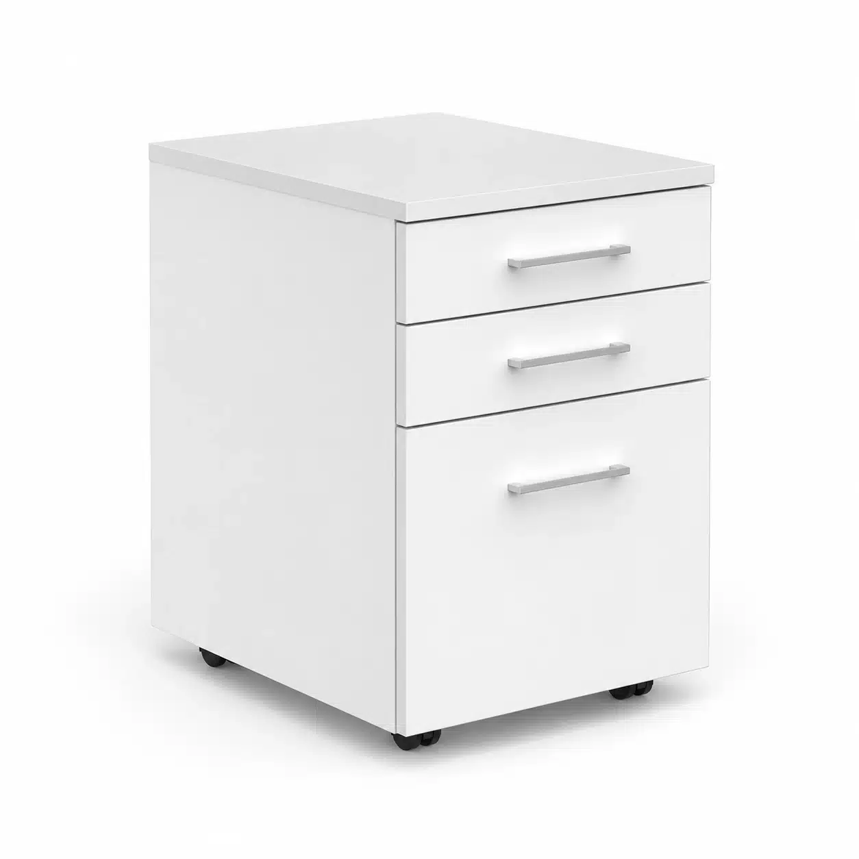 White melamine Network mobile pedestal with two shallow drawers and one deep file drawer, silver handles and caster wheels, on a white studio background.