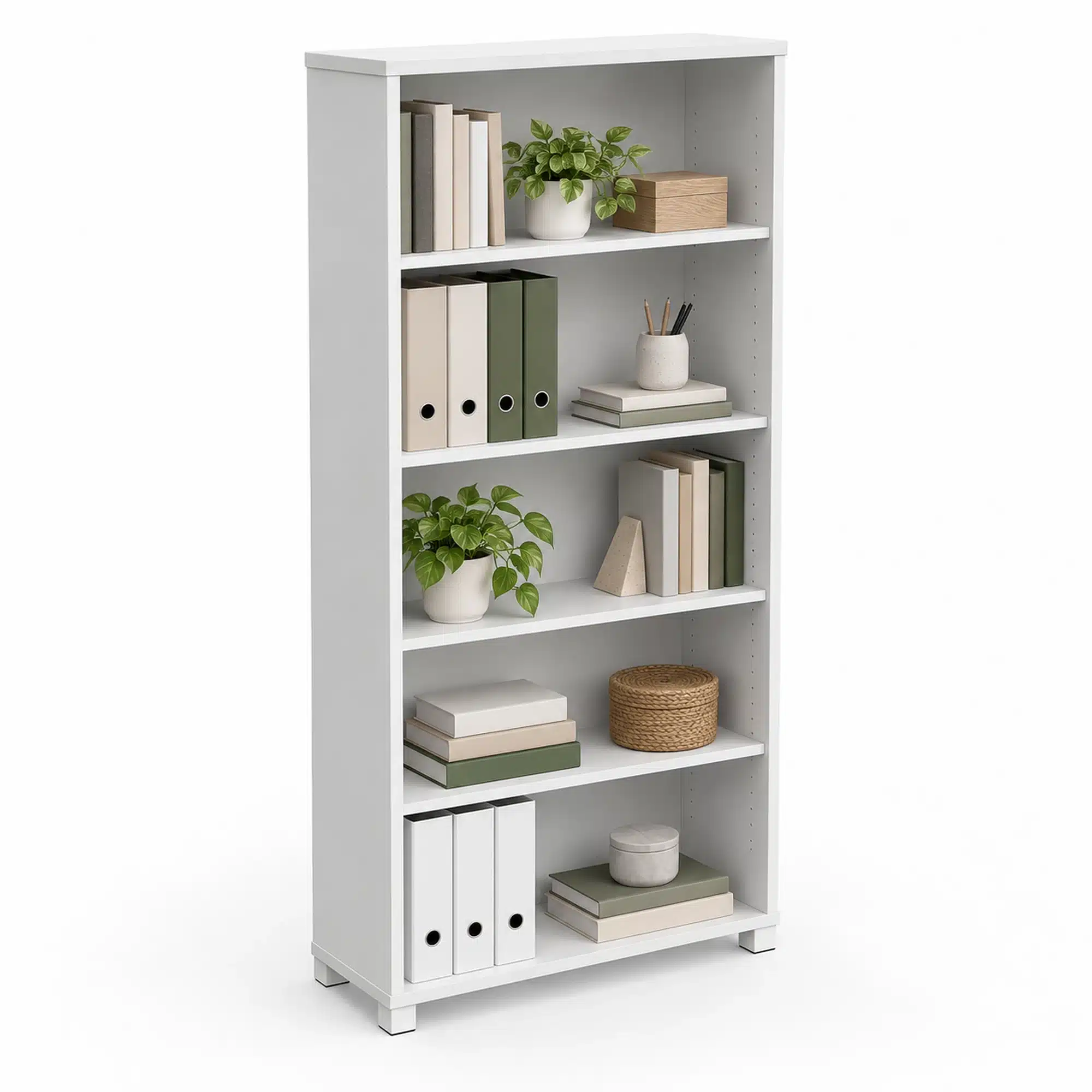 Tall white melamine open shelf bookcase styled with books, office binders, folders, plants and subtle accessories.