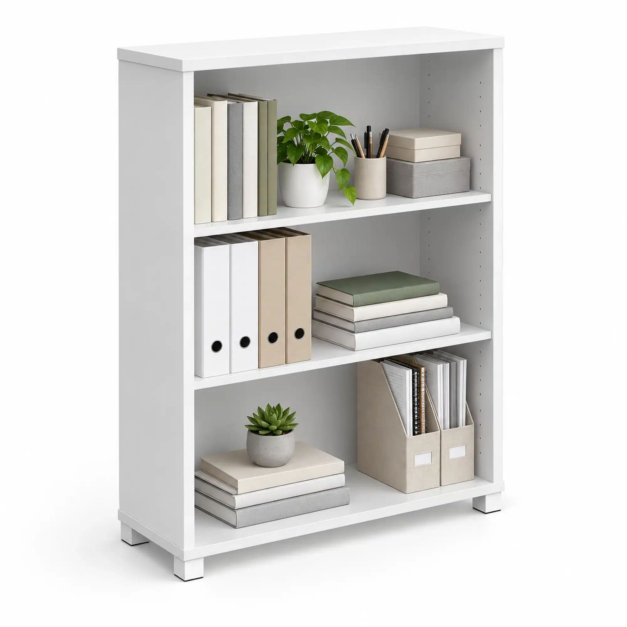 White melamine open shelf bookcase styled with neutral books, office binders, document boxes, a pen cup and plants.