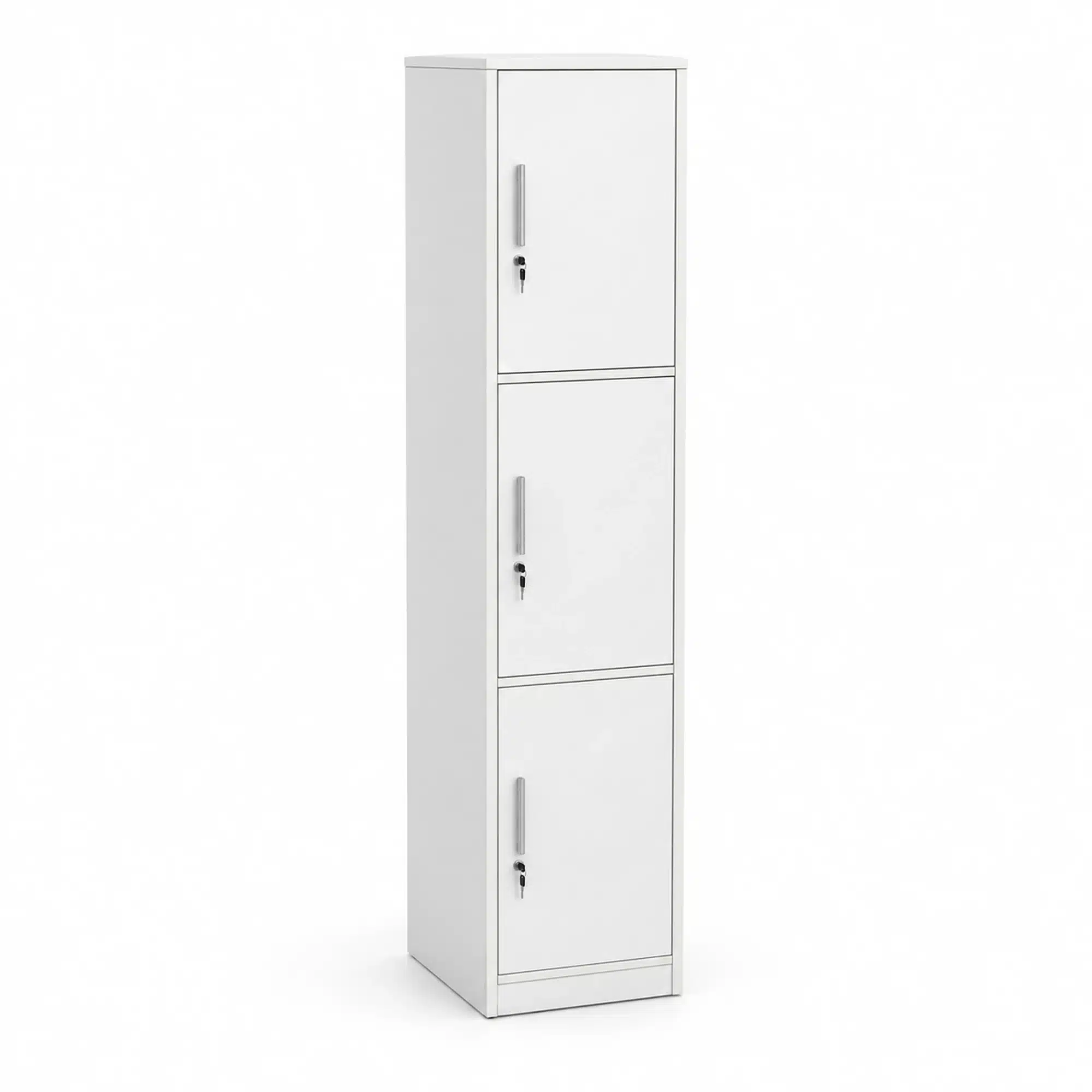 White melamine Network Storage Locker with one column of three lockable doors closed.