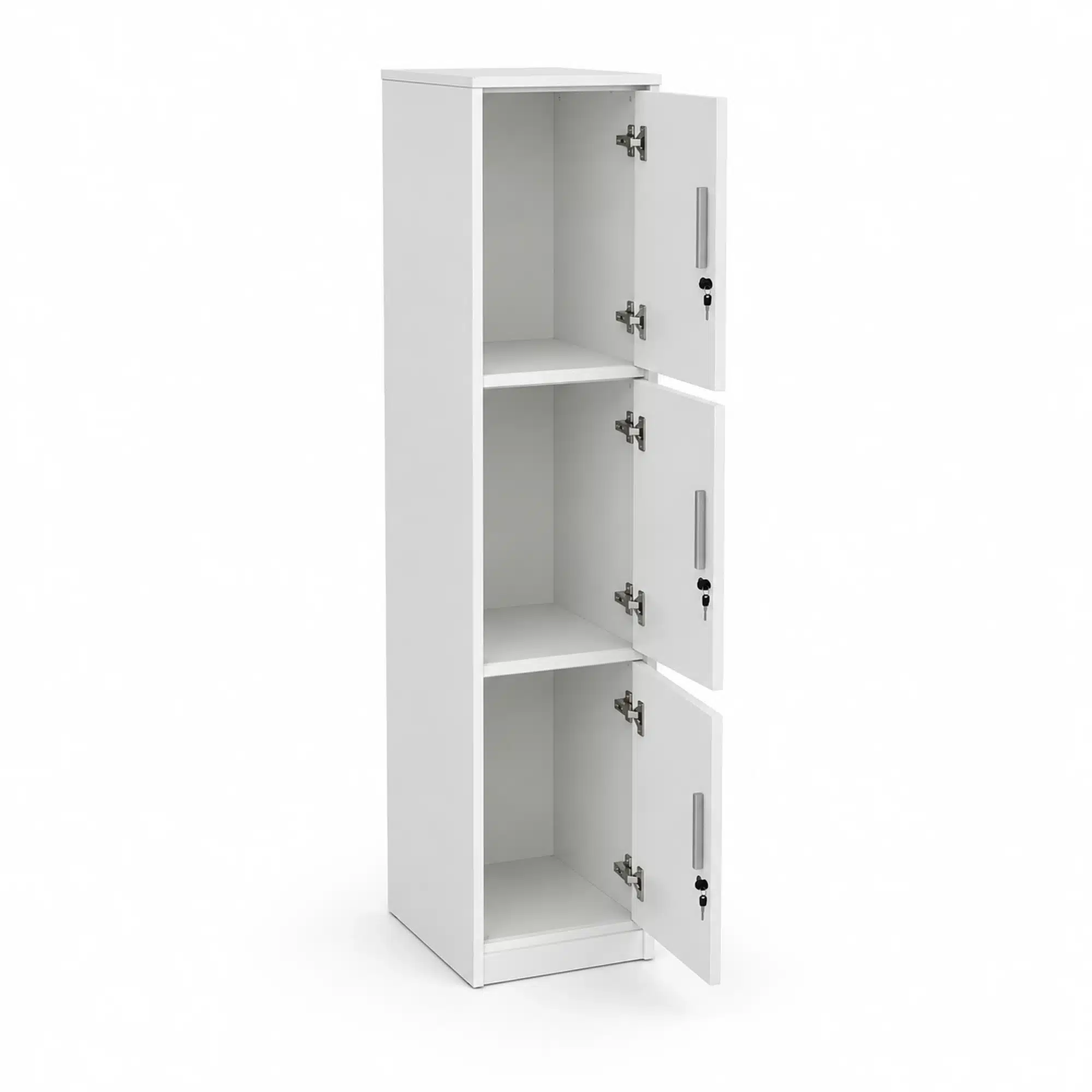 White melamine Network Storage Locker with one column of three compartment doors open to reveal the interior storage spaces.