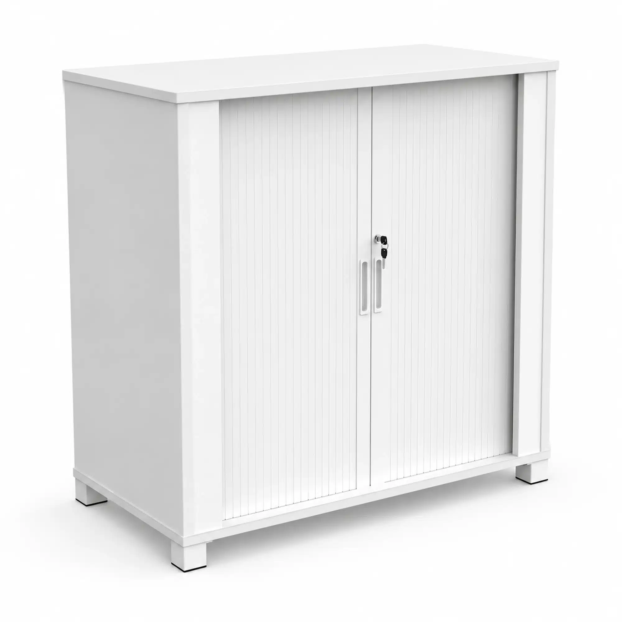 White melamine Network tambour door storage cupboard in the lower cabinet size, with two tambour doors closed and central handles.