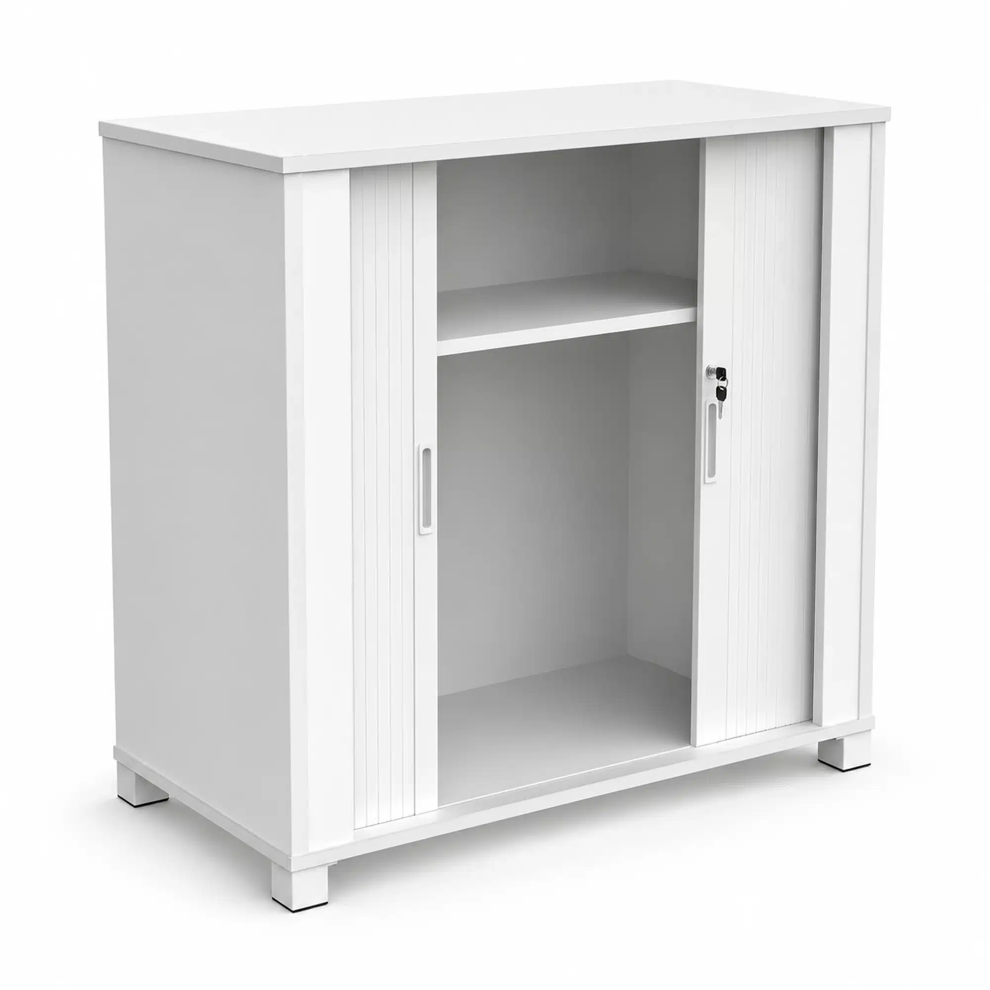 White melamine Network tambour door storage cupboard in the lower cabinet size, with tambour doors retracted to reveal two internal shelves.