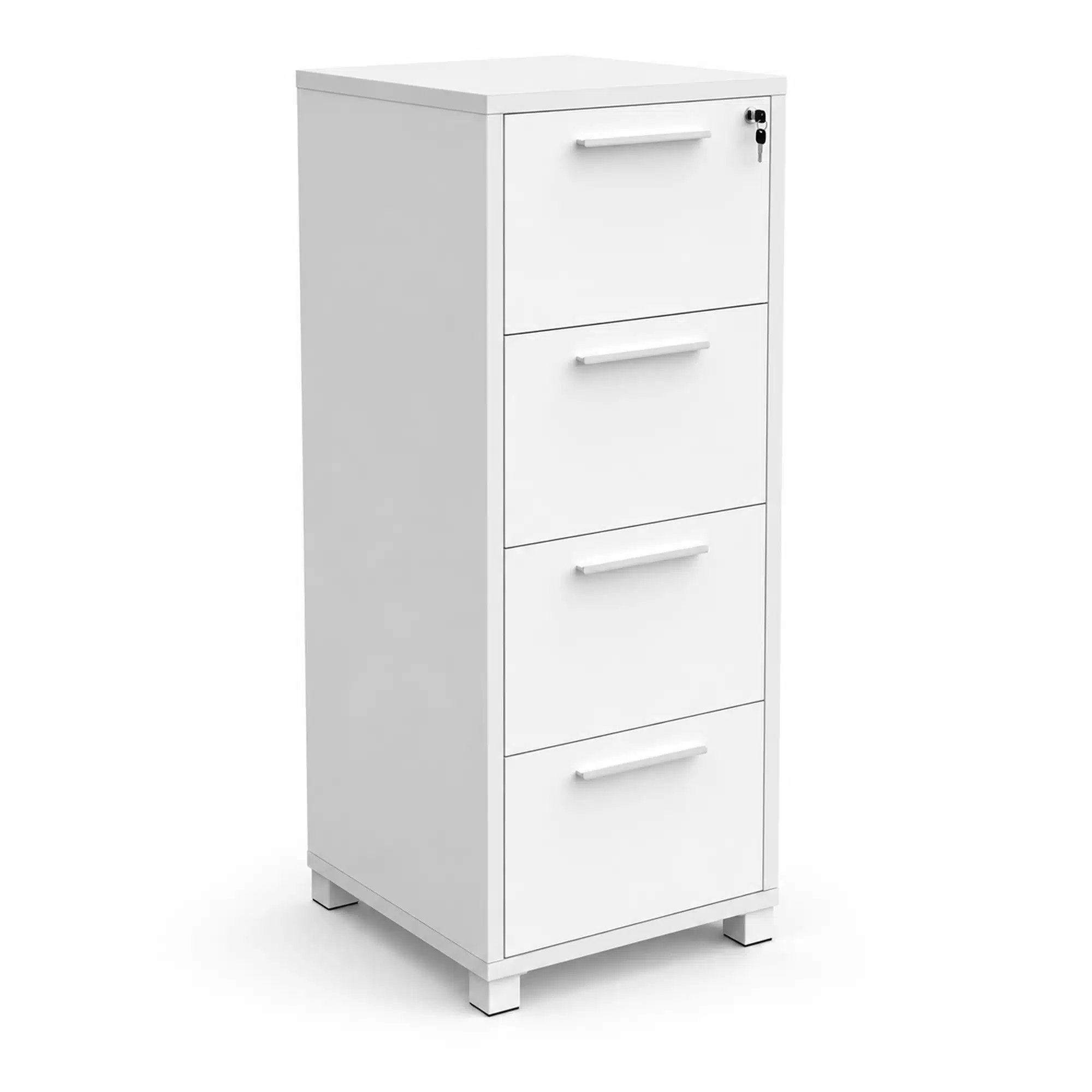 White melamine Network vertical four-drawer filing cabinet with all four drawers closed, horizontal handles and a lock on the top drawer.
