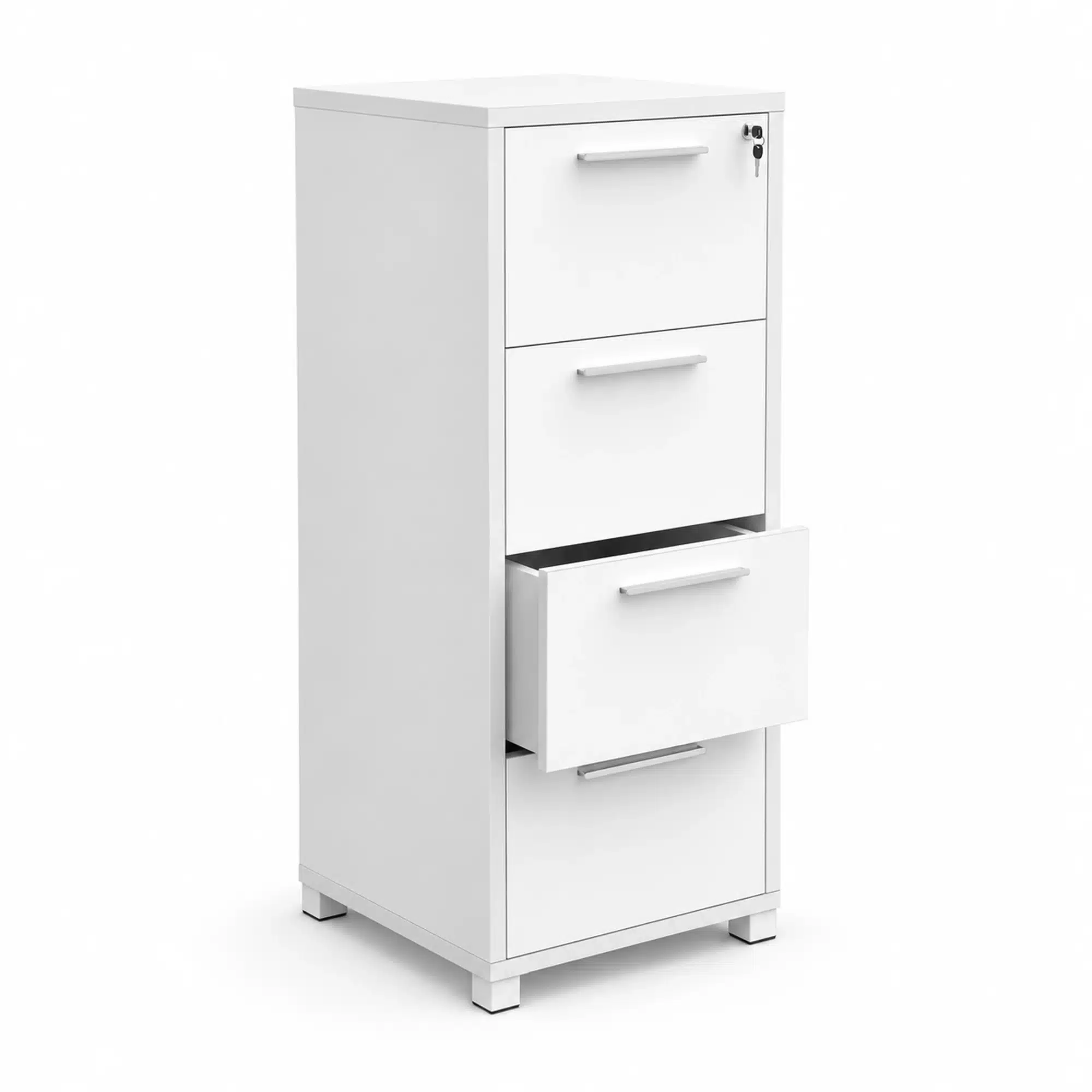 network-vertical-4-drawer-filing-cabinet-white-melamine-third-drawer-open-xchange-design.webp White melamine Network vertical four-drawer filing cabinet with the third drawer open and the other three drawers closed.