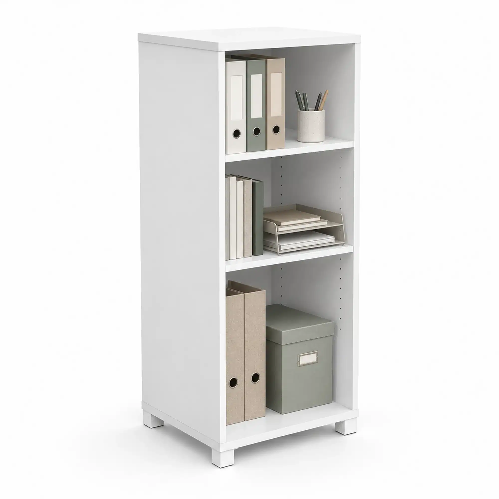 White melamine Network vertical tower shelf storage unit styled with office folders, books, document trays and a pen holder.