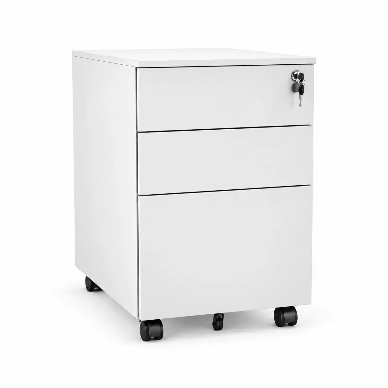 White mobile pedestal drawer cabinet with three drawers, lock and caster wheels on a clean studio background.