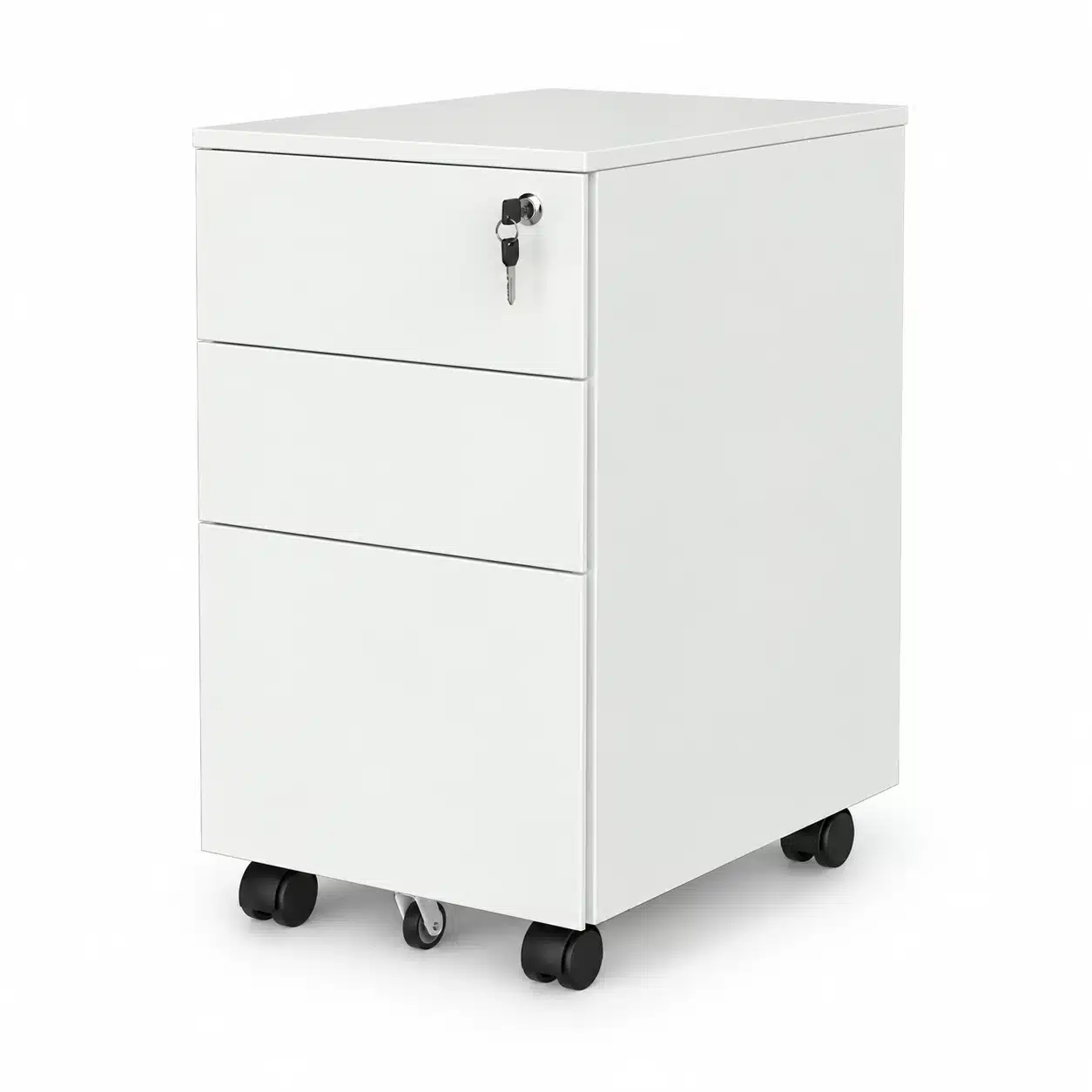 White mobile pedestal drawer unit with three drawers, lock and caster wheels on a white studio background.